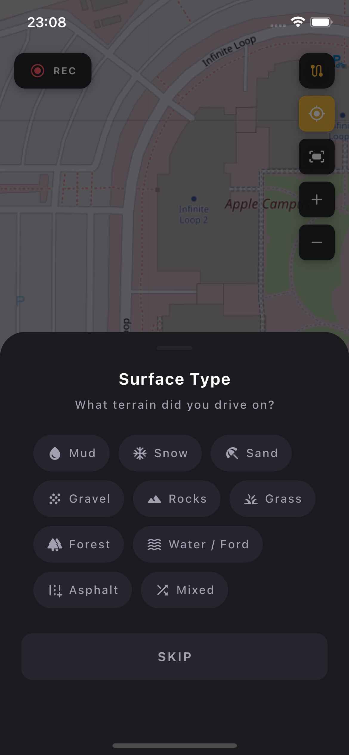 Surface type selection after ride