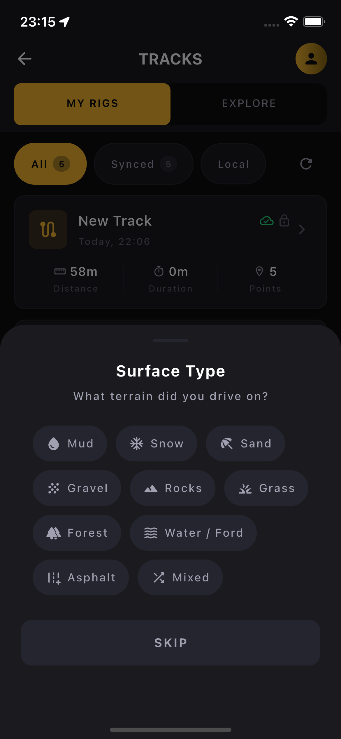 Retroactive surface type selection